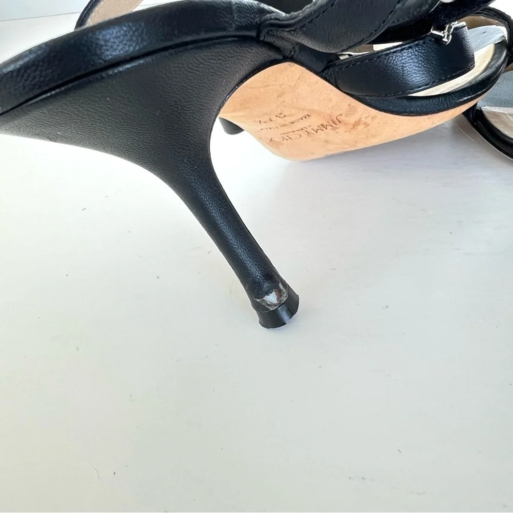 JIMMY CHOO x Ashley Williams Black Leather Crystal 100% Heel Sandals Sz 37.5